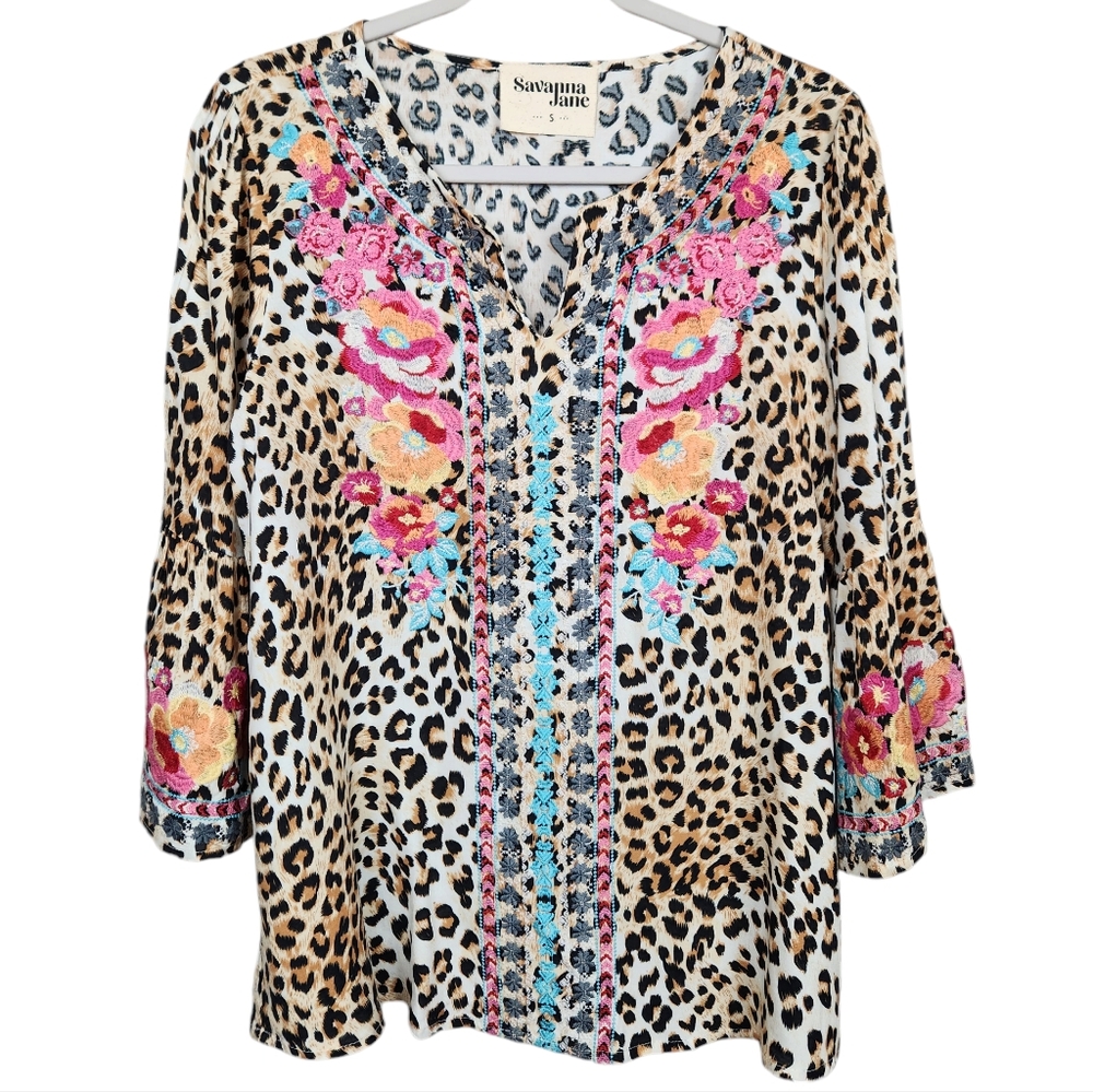 Savanna Jane Leopard Cheetah Animal Print Floral Embroidered Tunic Womens Small